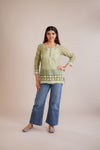 Chanderi Striped Chikankari Short Kurta - Green