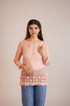 Chanderi Striped Chikankari Short Kurta - Peach