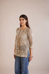 Chanderi Striped Chikankari Short Kurta - Beige
