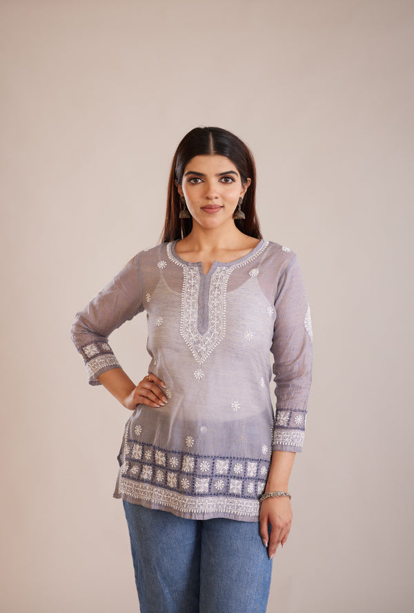 Chanderi Striped Chikankari Short Kurta - Grey