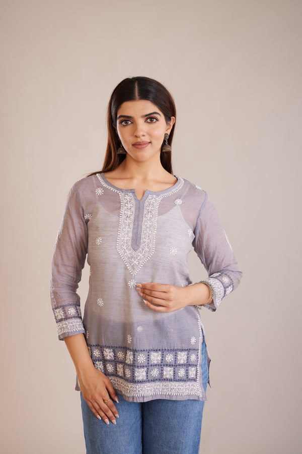 Chanderi Striped Chikankari Short Kurta - Grey
