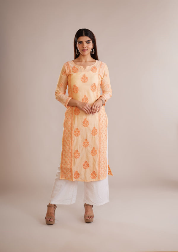 Chanderi Chikankari Allover Boota Kurta - Peach