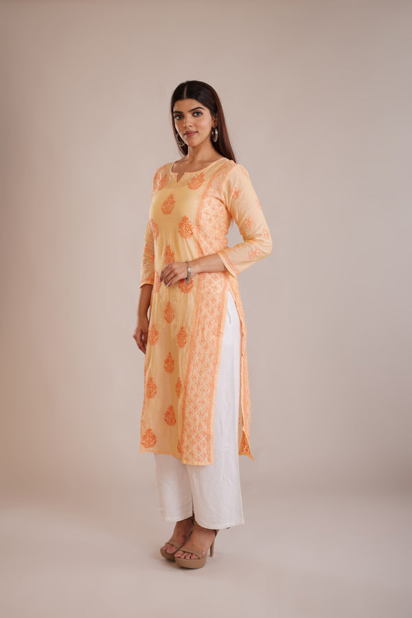 Chanderi Chikankari Allover Boota Kurta - Peach