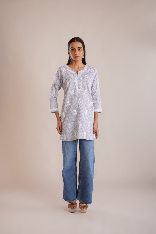 Printed Cotton Chikankari Short Kurta - Grey