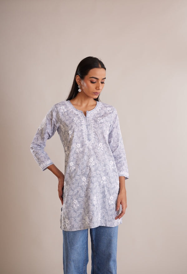 Printed Cotton Chikankari Short Kurta - Grey