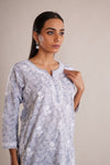 Printed Cotton Chikankari Short Kurta - Grey