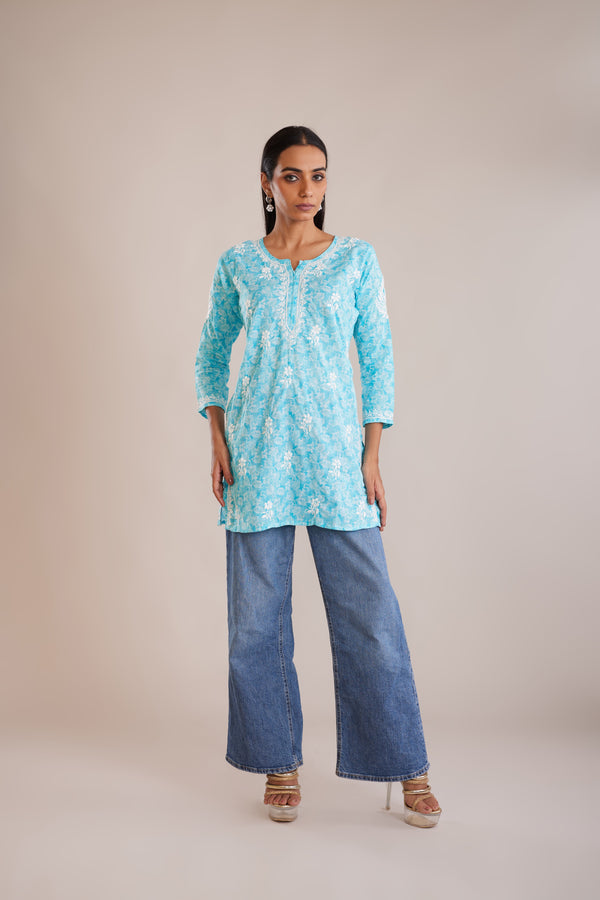 Printed Cotton Chikankari Short Kurta - Blue