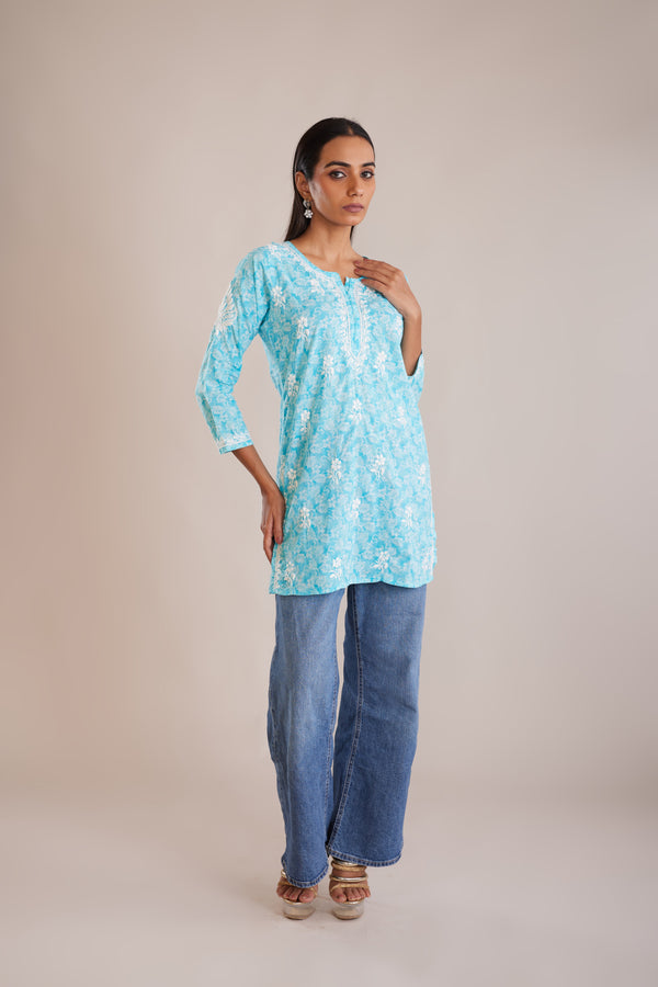 Printed Cotton Chikankari Short Kurta - Blue
