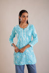 Printed Cotton Chikankari Short Kurta - Blue