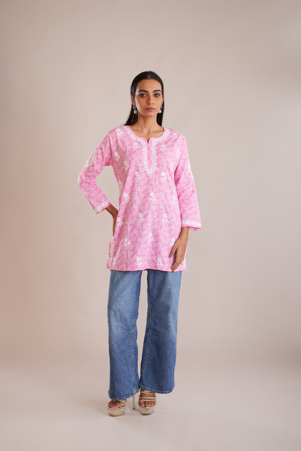 Printed Cotton Chikankari Short Kurta - Pink
