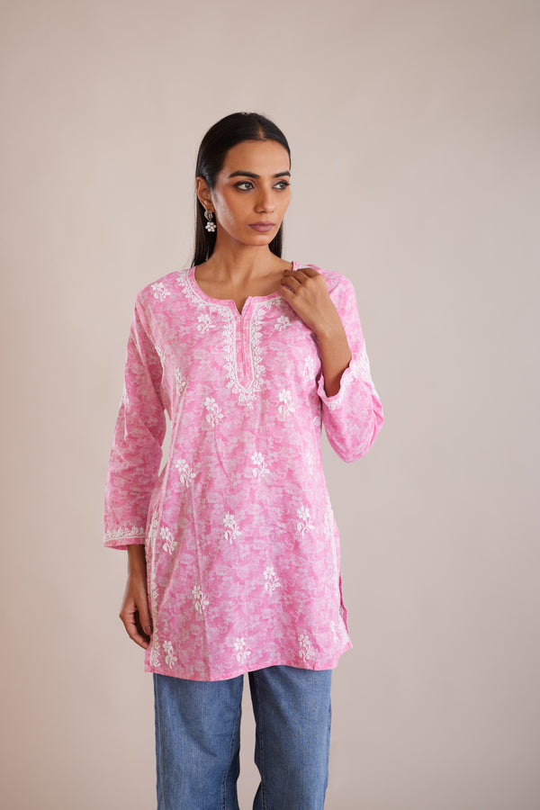 Printed Cotton Chikankari Short Kurta - Pink