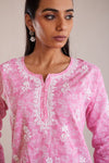 Printed Cotton Chikankari Short Kurta - Pink
