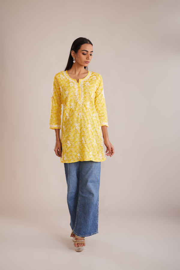 Printed Cotton Chikankari Short Kurta - Yellow