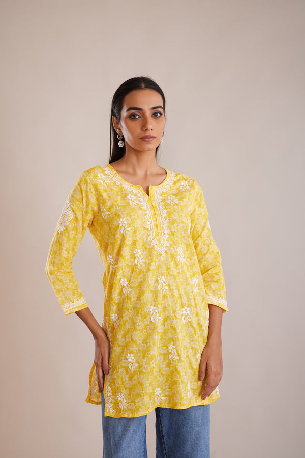 Printed Cotton Chikankari Short Kurta - Yellow
