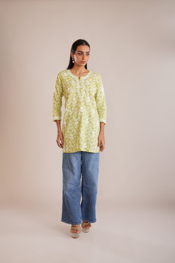 Printed Cotton Chikankari Short Kurta - Green