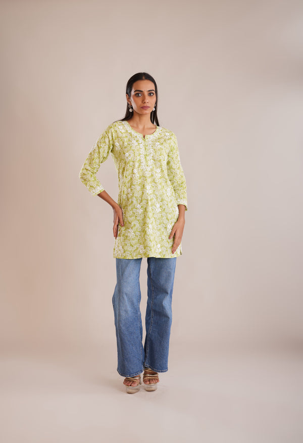 Printed Cotton Chikankari Short Kurta - Green