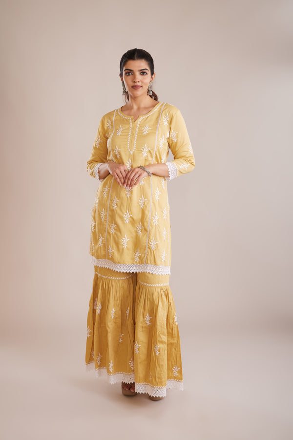 Premium Silk Cotton Chikankari Garara Set - Mustard
