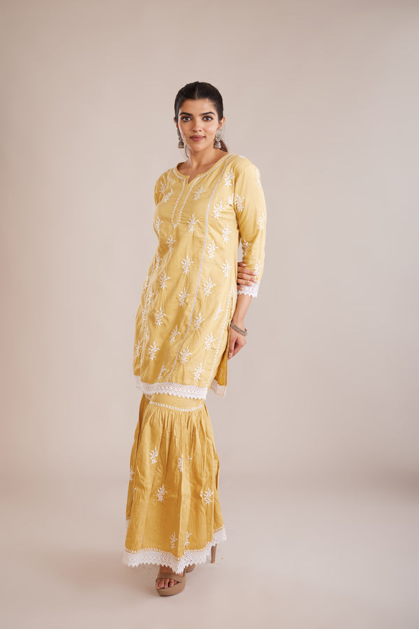 Premium Silk Cotton Chikankari Garara Set - Mustard