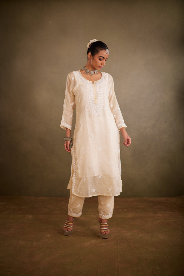 Beige Cotton Kota Chikankari Kurta Set With Inner