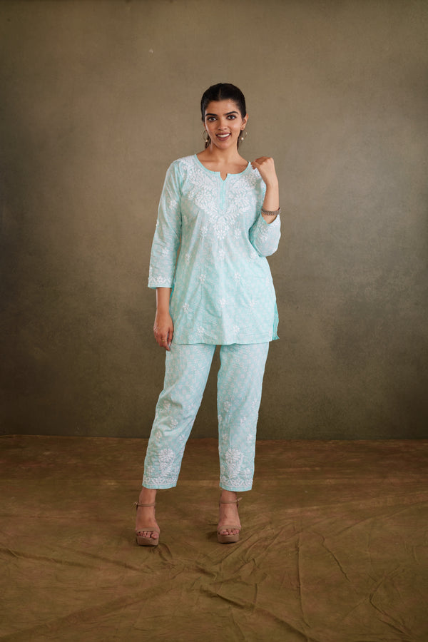 Printed Cotton Chikankari Co-Ord Set - Sea Green
