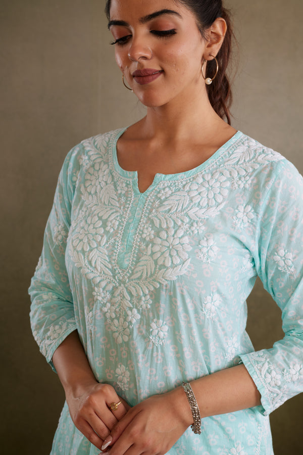 Printed Cotton Chikankari Co-Ord Set - Sea Green