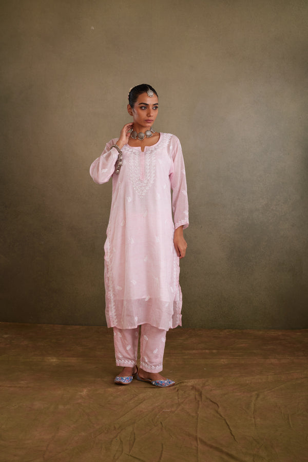 Pink Cotton Kota Chikankari Kurta Set With Inner