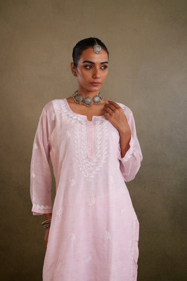 Pink Cotton Kota Chikankari Kurta Set With Inner