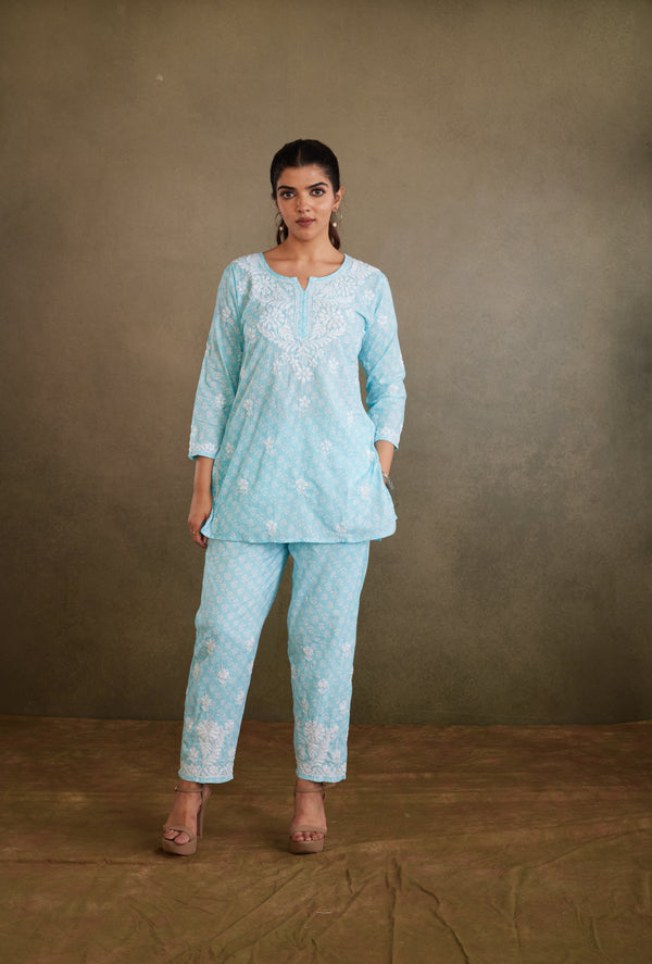 Blue Printed Cotton Chikankari Co-Ord Set