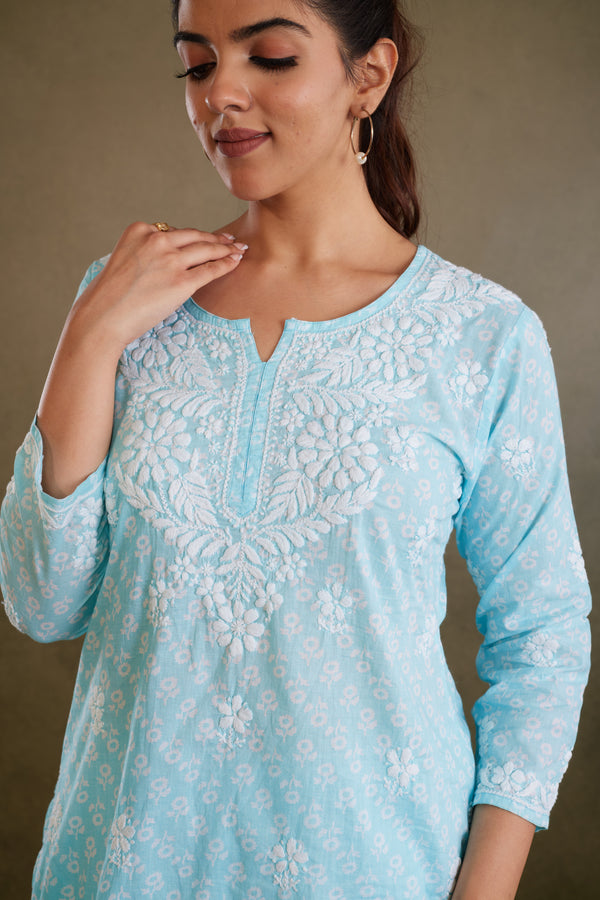 Blue Printed Cotton Chikankari Co-Ord Set