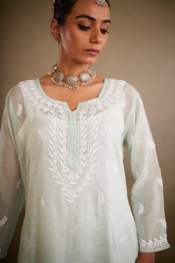 Mint Green Cotton Kota Chikankari Kurta Set With Inner