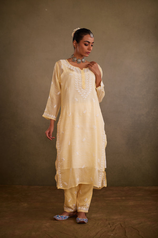 Yellow Cotton Kota Chikankari Kurta Set With Inner