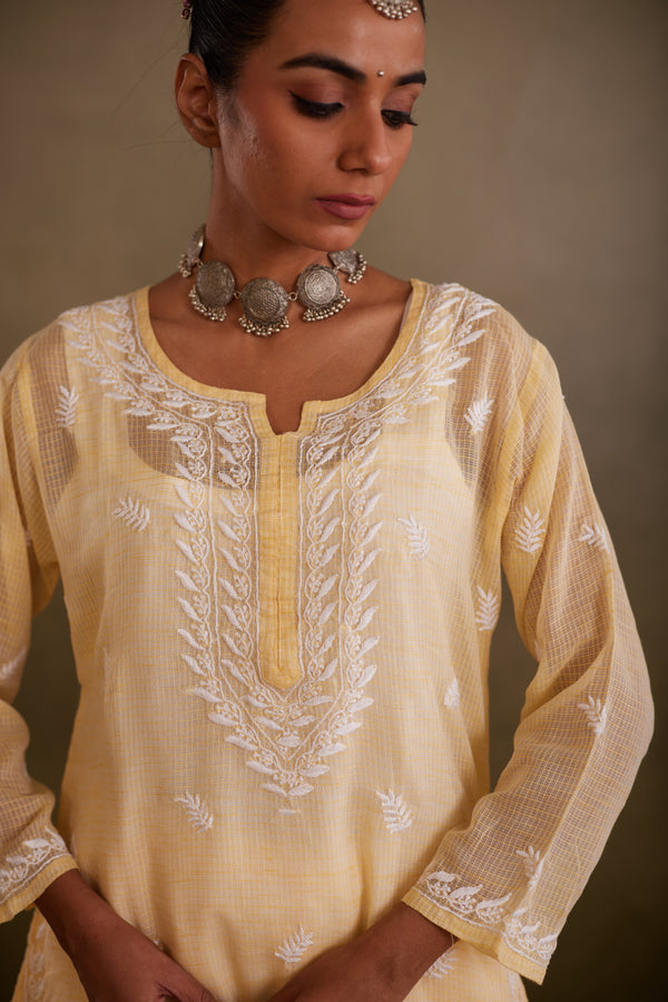 Yellow Cotton Kota Chikankari Kurta Set With Inner