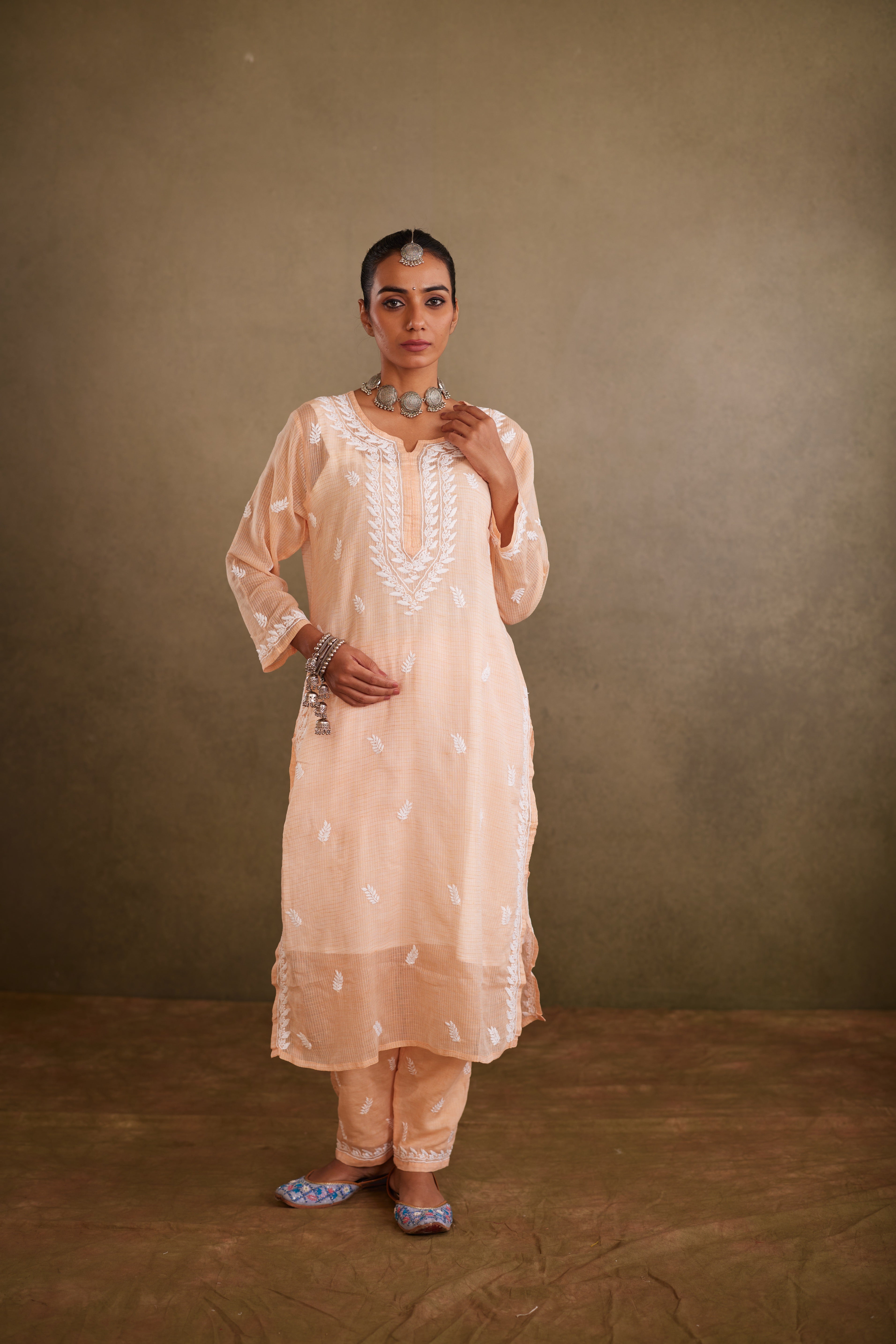 Cotton Kota Chikankari Kurta Set With Inner - Peach – Chowk Bazar
