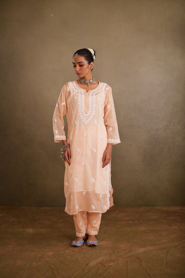 Peach Cotton Kota Chikankari Kurta Set With Inner