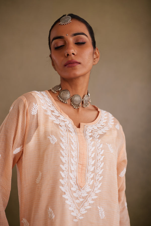 Peach Cotton Kota Chikankari Kurta Set With Inner
