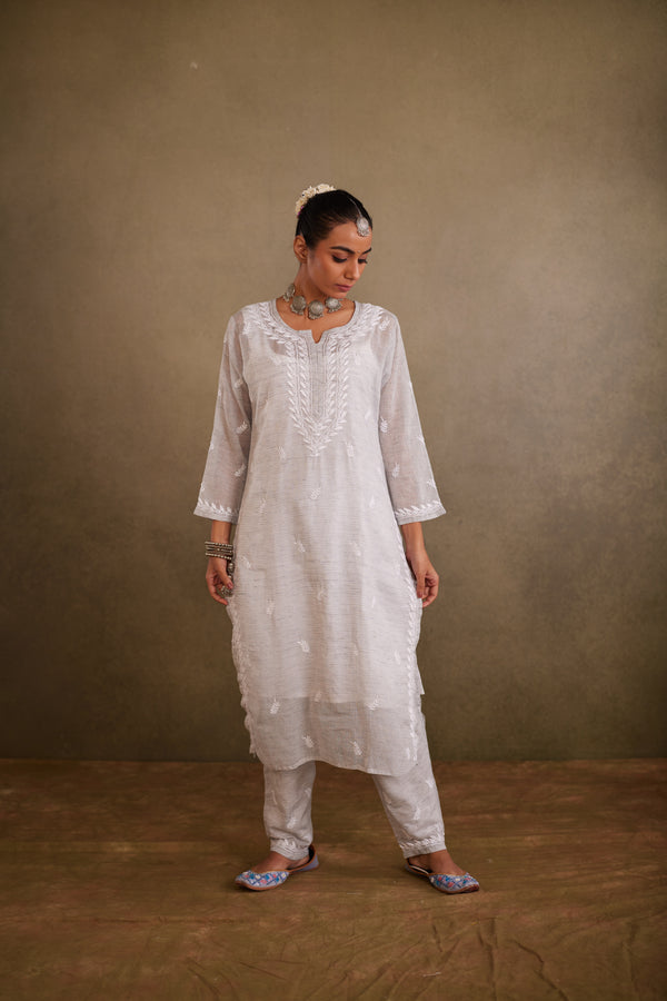 Grey Cotton Kota Chikankari Kurta Set With Inner