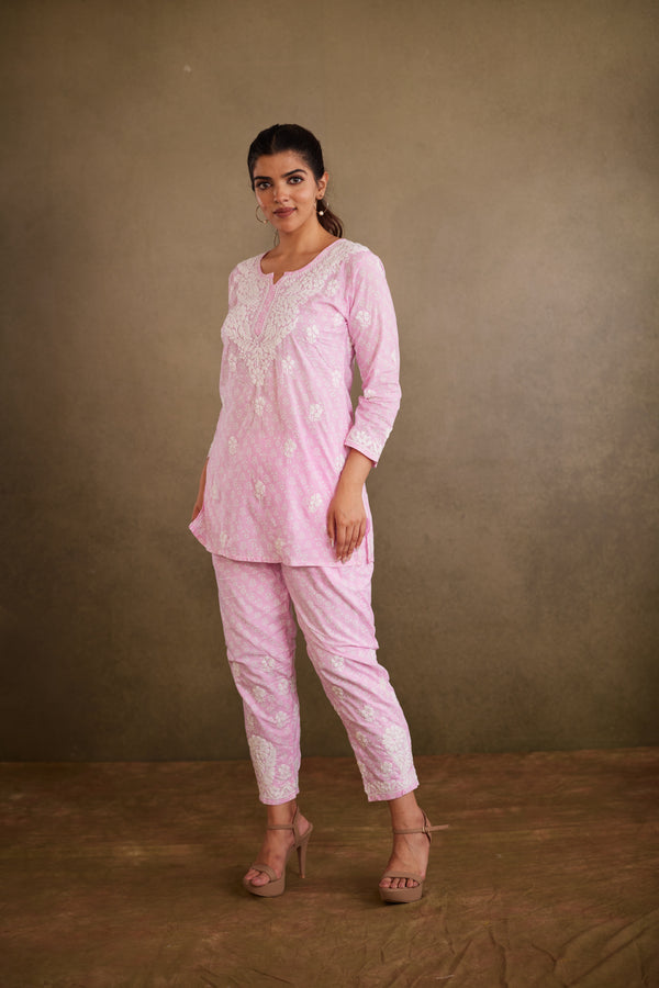 Pink Printed Cotton Chikankari Co-Ord Set