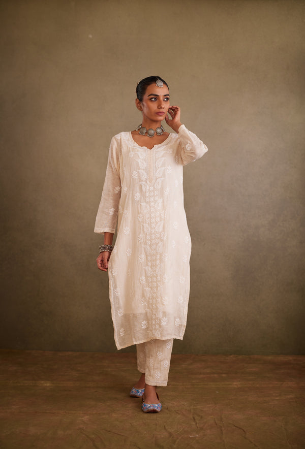 Beige Premium Banarasi Khadi Chikankari Kurta Set With Inner
