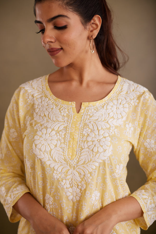 Printed Cotton Chikankari Co-ord Set - Yellow