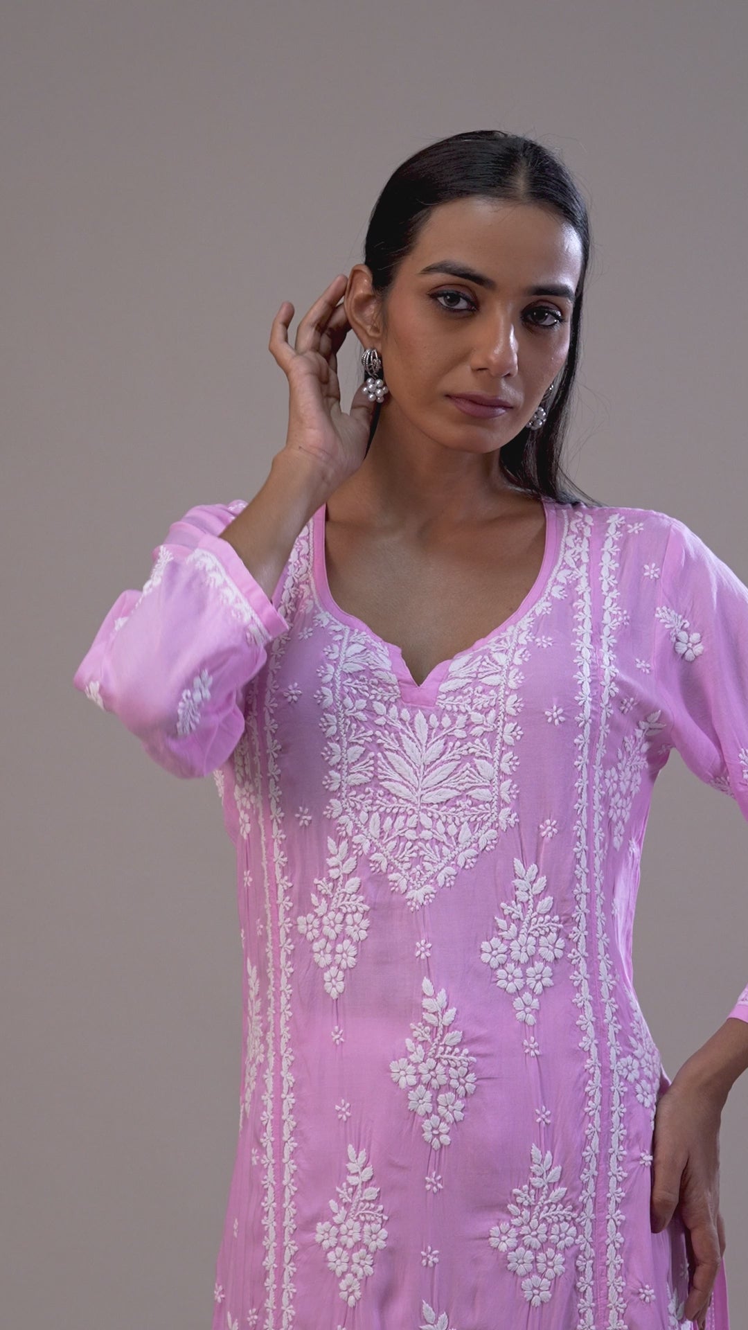 Modal Chikankari Panel Kurta - Pink