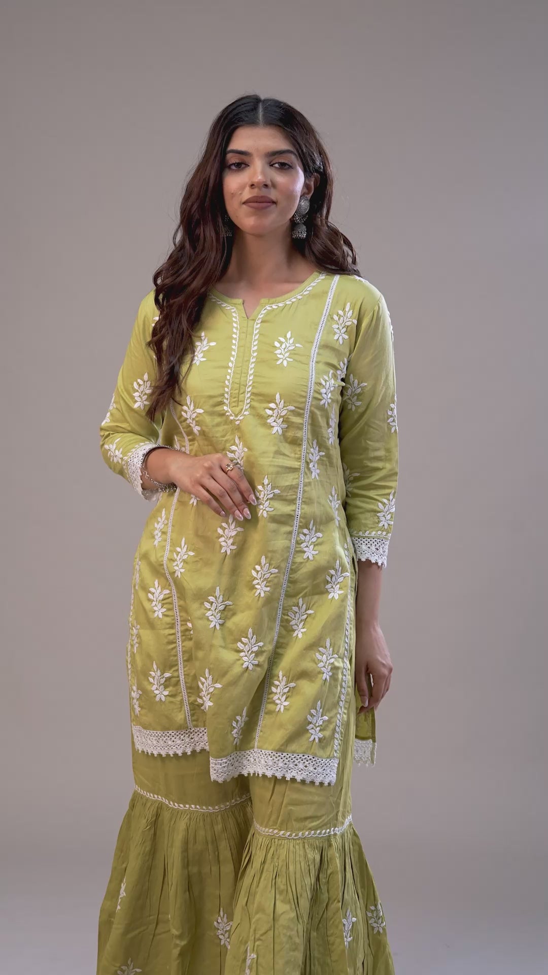 Premium Silk Cotton Chikankari Garara Set - Olive Green