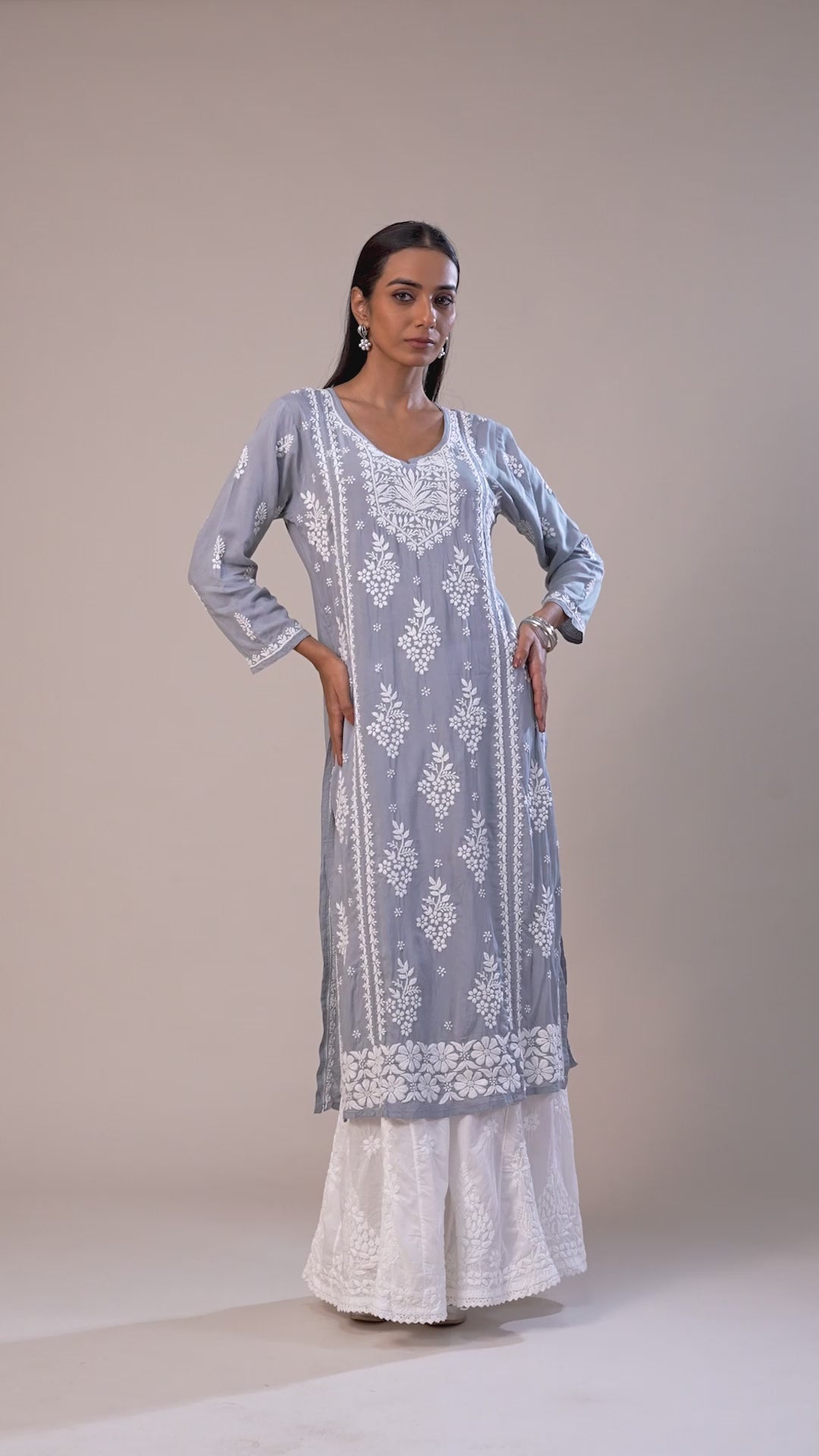 Modal Chikankari Panel Kurta - Grey