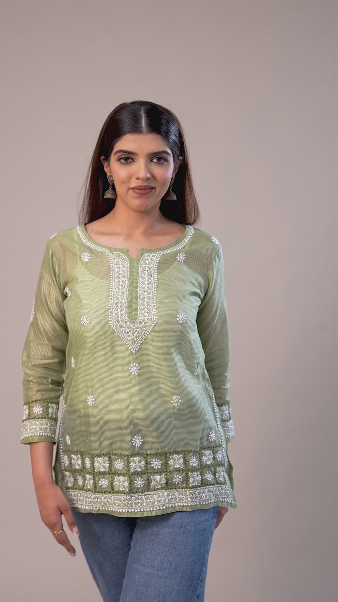 Chanderi Striped Chikankari Short Kurta - Green