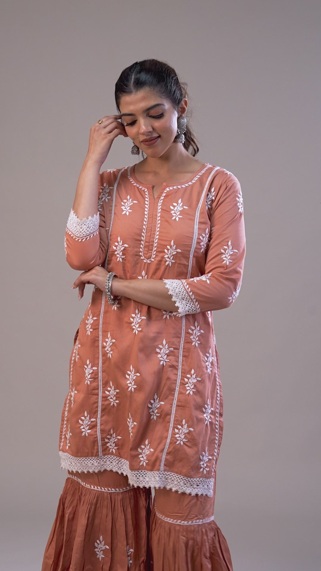 Premium Silk Cotton Chikankari Garara Set  - Rust