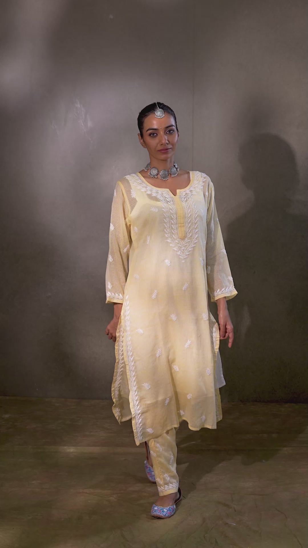 Cotton Kota Chikankari Kurta Set With Inner - Yellow