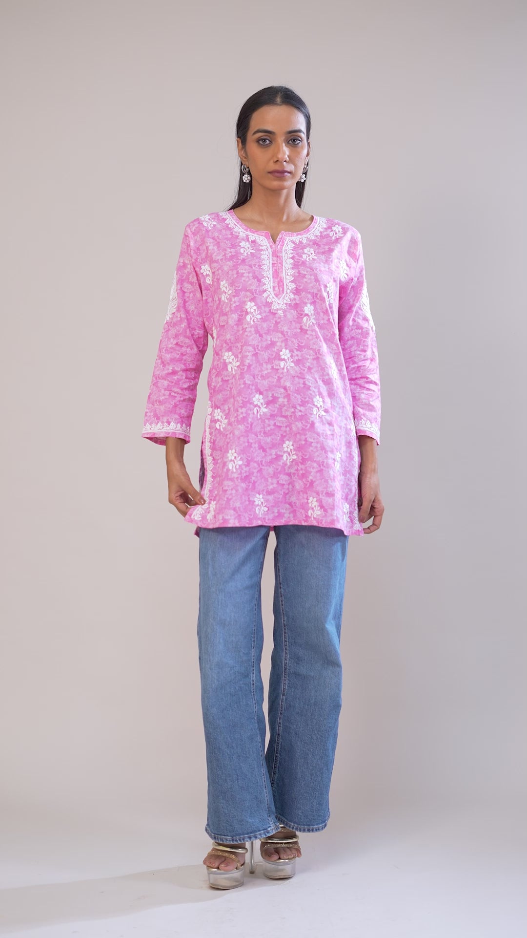 Printed Cotton Chikankari Short Kurta - Pink