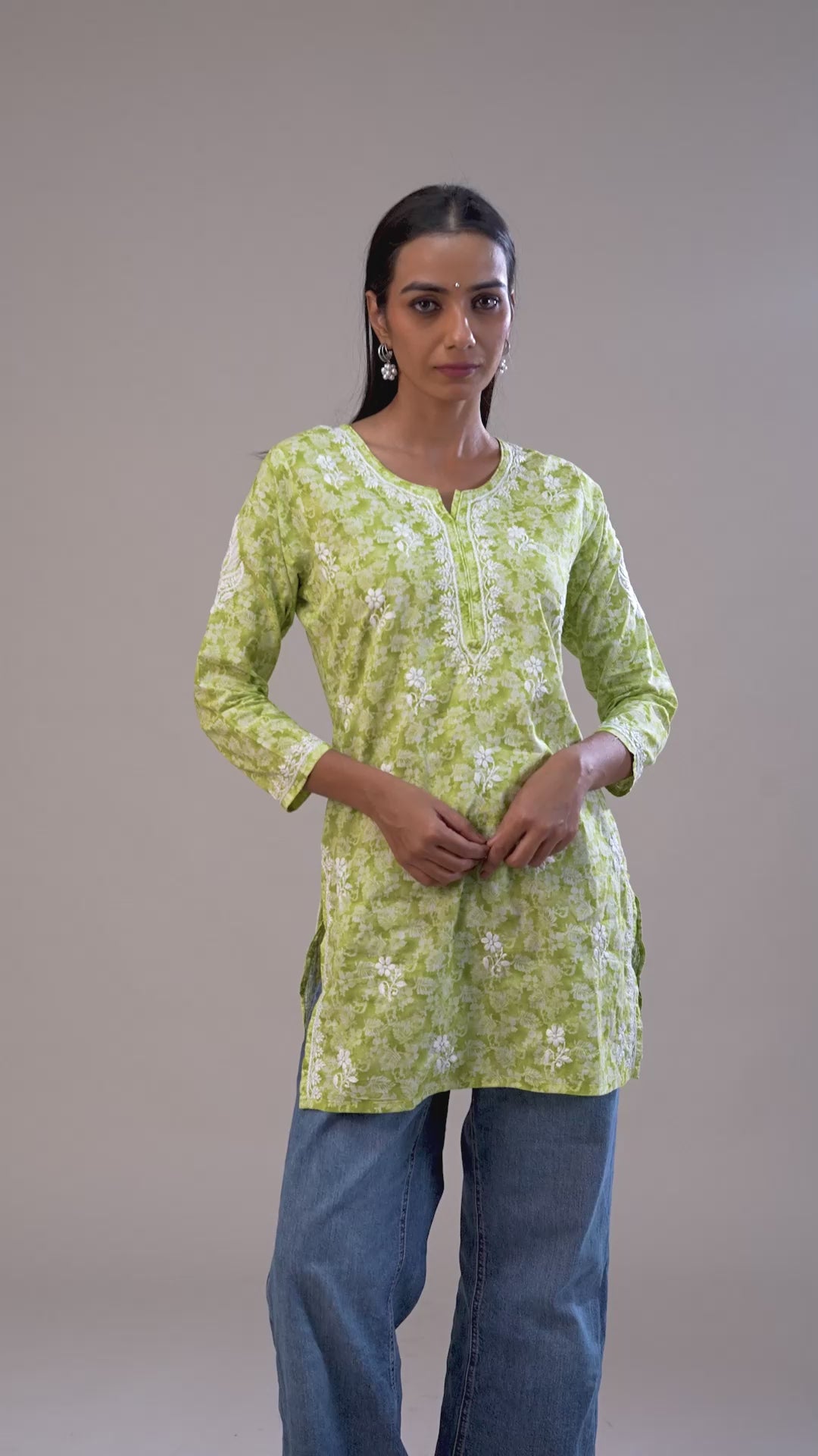 Printed Cotton Chikankari Short Kurta - Green