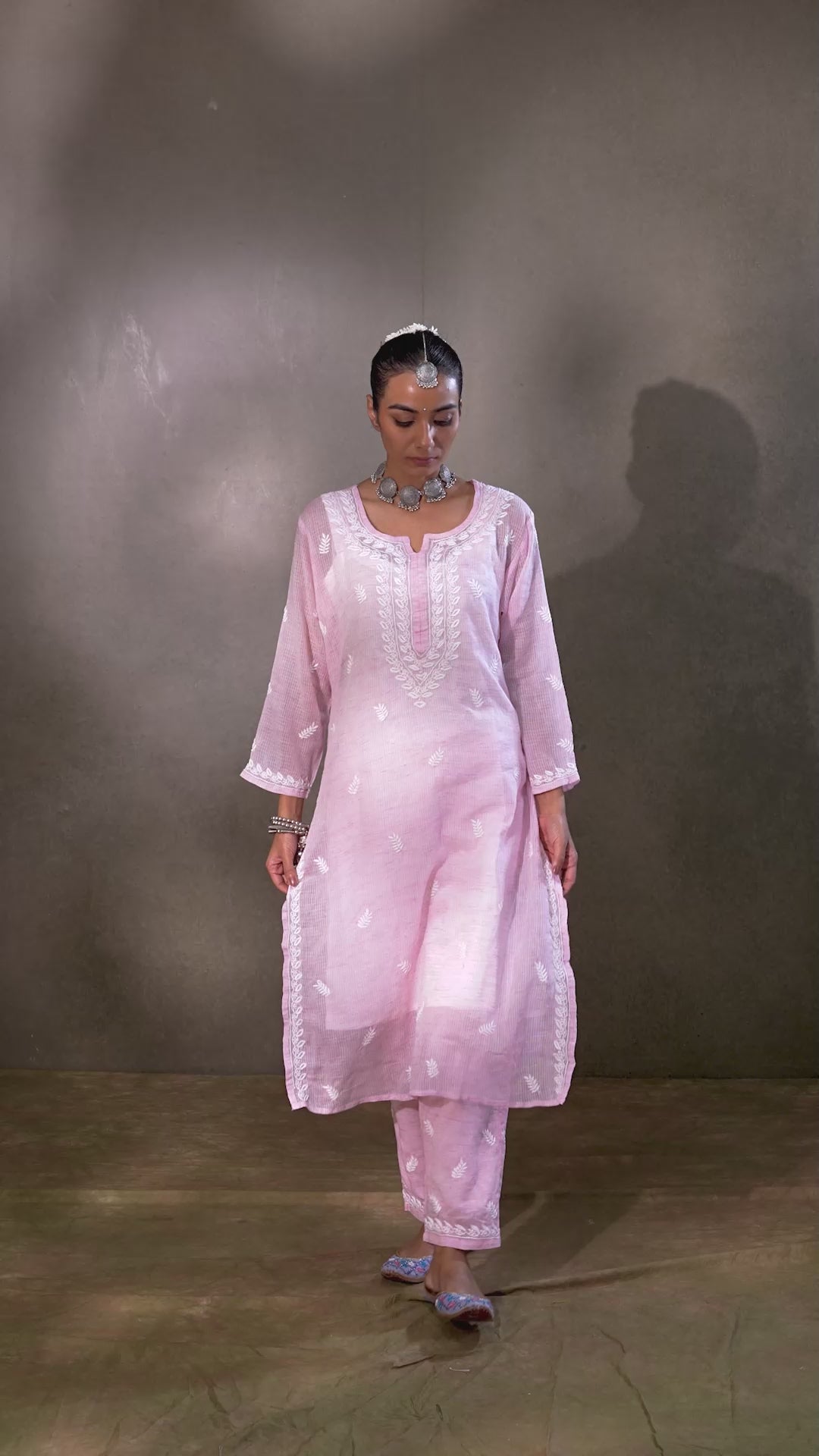 Cotton Kota Chikankari Kurta Set With Inner - Pink