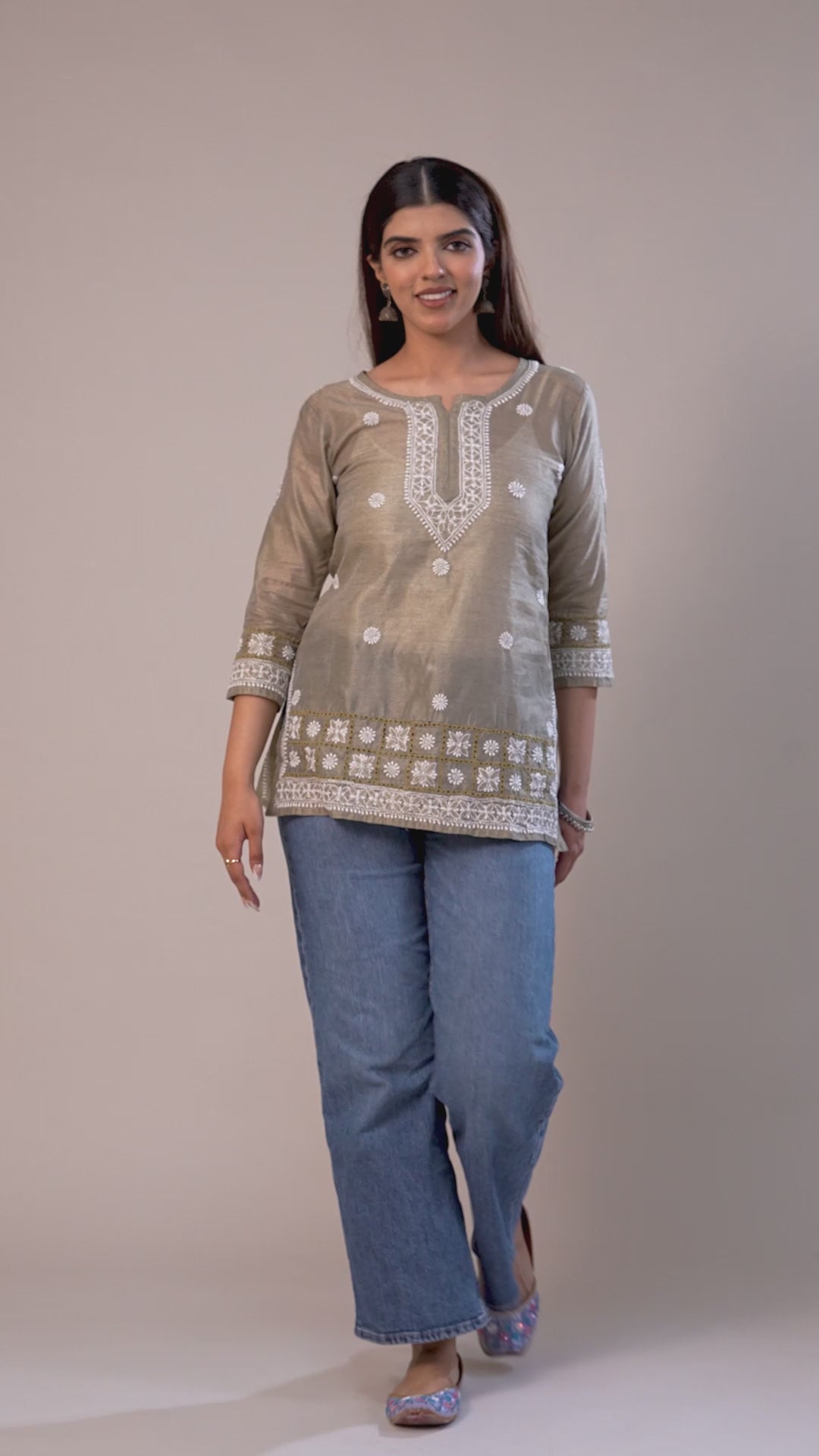 Chanderi Striped Chikankari Short Kurta - Beige