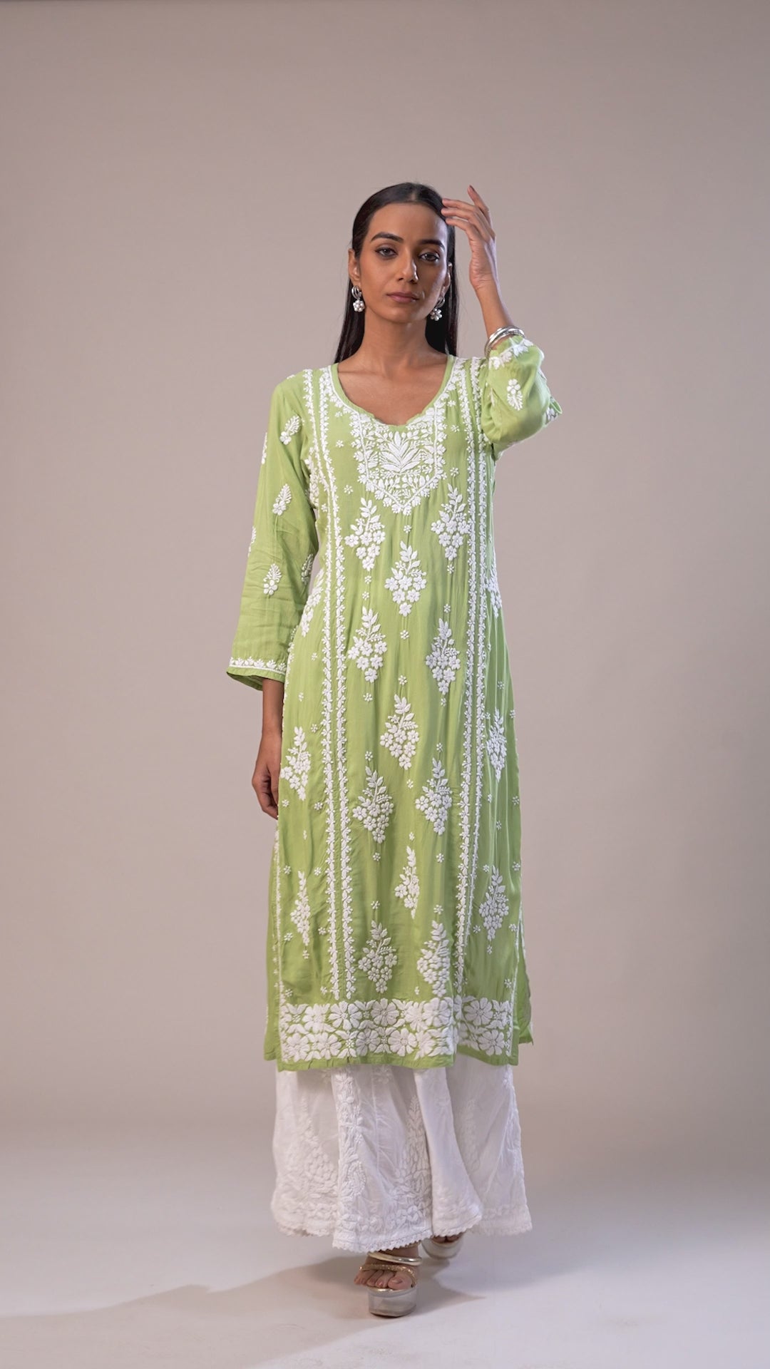 Modal Chikankari Panel Kurta - Green